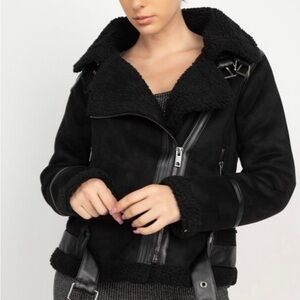 Haute Monde Black Faux Suede Shearling Biker Jacket Size Small